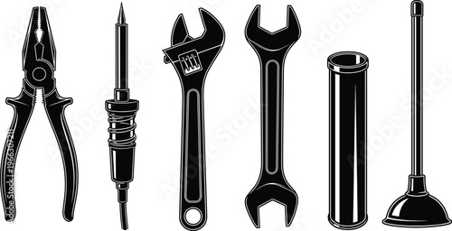 Hand tools silhouette set with pliers, soldering iron, adjustable wrench, spanner, pipe and plunger, black and white workshop equipment illustration isolated