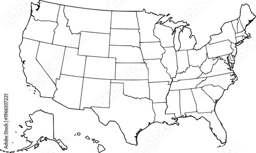 Blank Outline Map of the United States of America with State Borders, Including Alaska and Hawaii, for Geographic Education