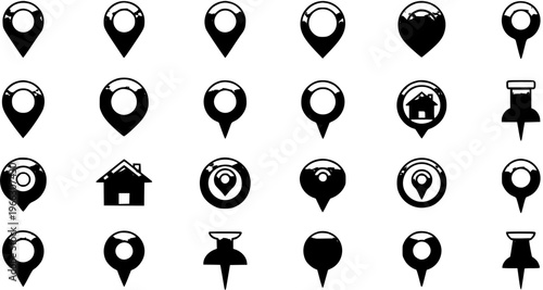 Set of diverse black and white map pin, location marker, home, and pushpin icons with a distressed, hand-drawn look, ideal for navigation, mapping, and destination themes.