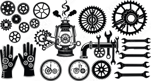 Steampunk mechanical illustration featuring vintage gears, cogs, tools, clock elements, industrial machinery and retro engineering design in black and white isolated composition