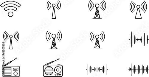 Set of Wireless  Radio Communication Icons: WiFi Signal, Radio Tower, Sound Waves, Receiver