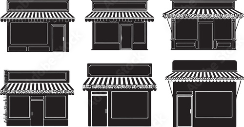 Set of six storefronts with striped awnings and white background