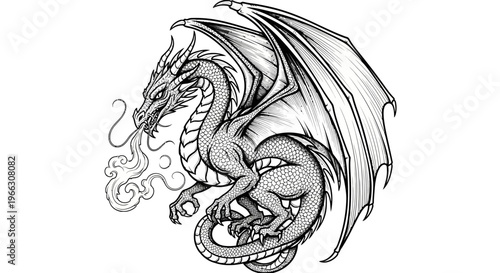 Detailed illustration of a dragon with large wings and smoke effect