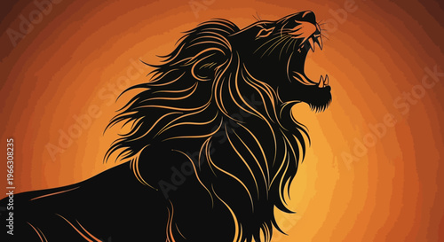 Roaring lion silhouette against orange background vector illustration