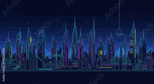 Futuristic cityscape at night vector illustration of illuminated skyscrapers