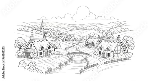 Idyllic rural village scene with cottages river and church in monochrome style