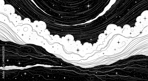 Black and white illustration of a celestial scene with clouds and stars