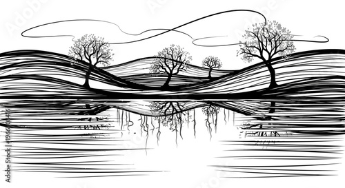 Ink drawing of a landscape with trees and water reflections minimalist style