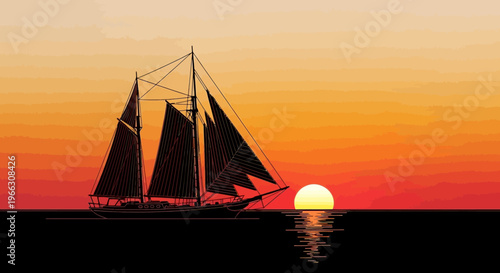 Sailboat silhouette on ocean at sunset with vibrant colors and reflection