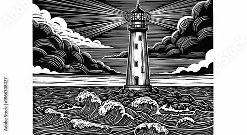 Dramatic black and white lighthouse illustration shining light over ocean waves