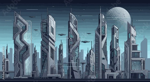 Futuristic cityscape with tall buildings and flying vehicles under a large moon