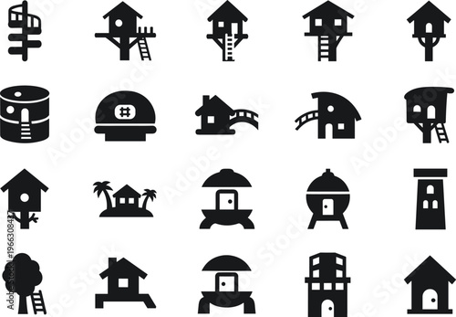 Treehouse icon set, elevated structures, stilt houses, lookout towers, ladder huts, silhouette design, architectural concept, vector illustration, black treehouse symbols