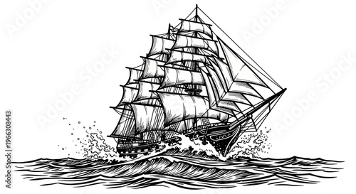 Vintage sailing ship navigating rough ocean waves isolated on white background