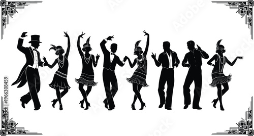 Vintage dance silhouette icon set, roaring twenties jazz age, art deco frame, festive celebration, vector illustration, black design, retro party symbols