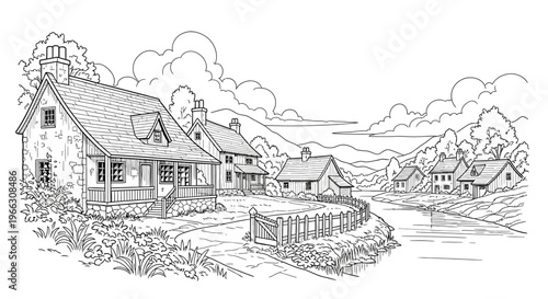 Black and white illustration of quaint houses in a peaceful countryside