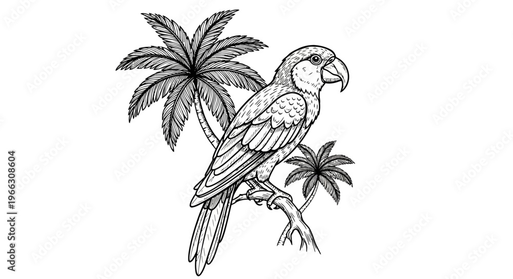Naklejka premium Detailed illustration of a parrot perched on a palm tree branch