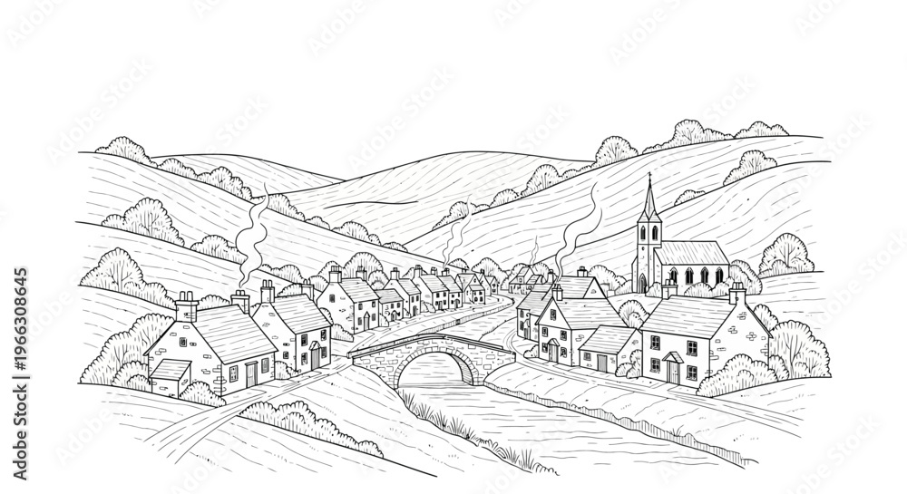 Obraz premium Black and white rural village illustration with rolling hills and a bridge
