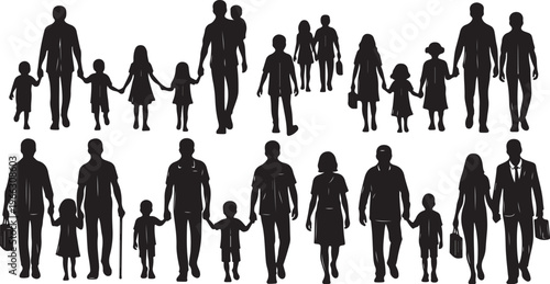Silhouettes of diverse families walking together in unity and love