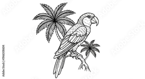 Detailed illustration of a parrot perched on a palm tree branch