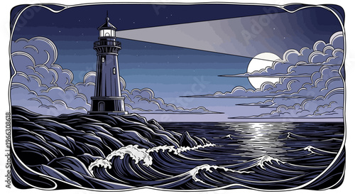 Illustrated lighthouse shining beam over ocean waves at night