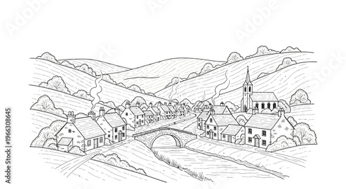 Black and white rural village illustration with rolling hills and a bridge