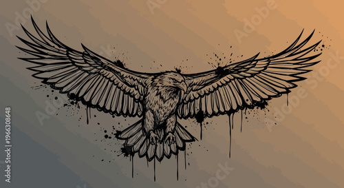 Soaring eagle illustration with open wings and ink splatter design