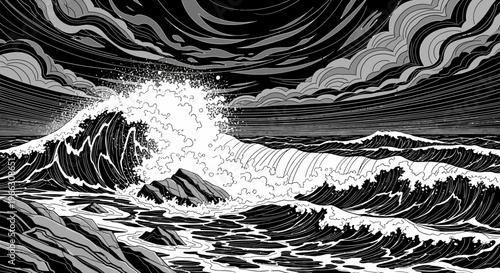 Dramatic monochrome illustration of ocean waves crashing under a stormy sky