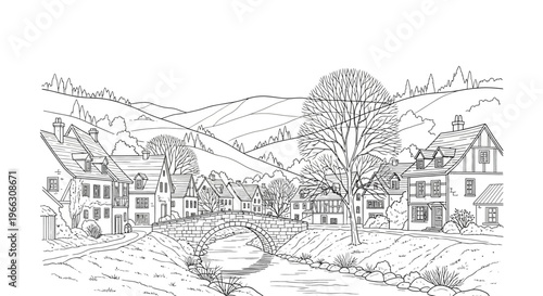 Black and white illustration of a quaint village scene with bridge and houses