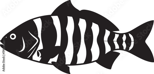 Black and white striped fish illustration on plain background
