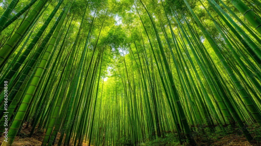 Fototapeta premium Lush Bamboo Forest with Towering Green Stalks and Bright Canopy