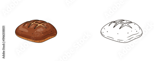 Fresh rye bread cartoon illustrations in dark brown colored and black line styles for bakery shop, healthy nutrition, cooking or food menu design isolated on white background