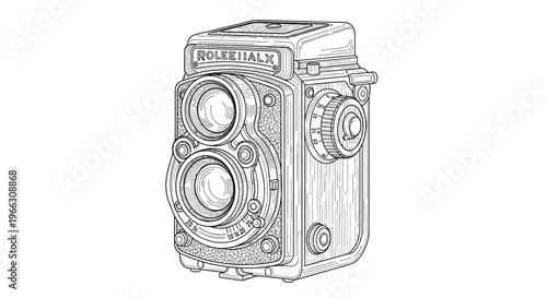 Vintage twin lens reflex camera illustration in black and white against a white backdrop