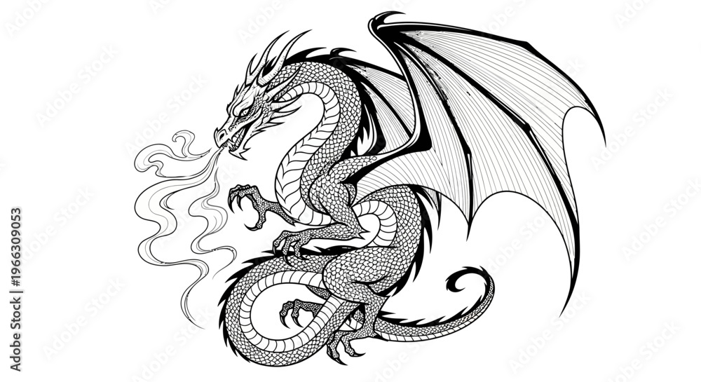 Fototapeta premium Detailed dragon illustration with wings and fire breathing isolated on white