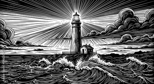 Dramatic black and white lighthouse on rocky shoreline with waves and clouds