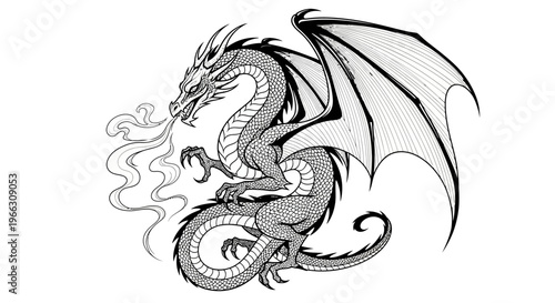 Detailed dragon illustration with wings and fire breathing isolated on white
