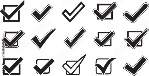 Collection of checkmark icons in black and white colors