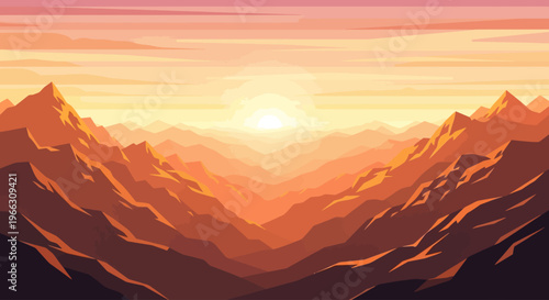 Sunset over mountain range landscape.