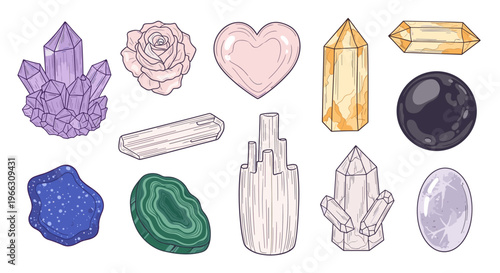 Vibrant assortment of natural crystals gemstones and minerals in various shapes