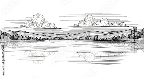 Ink drawing of landscape with mountains lake clouds and trees reflected