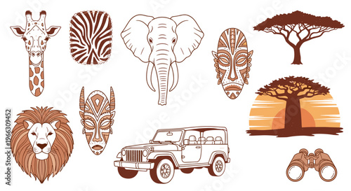 Safari Adventure Collection: Wild Animals Tribal Masks Tree and SUV Graphics