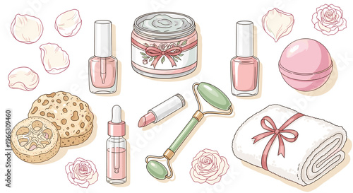 Illustrated self-care beauty essentials for relaxation and natural wellness routine