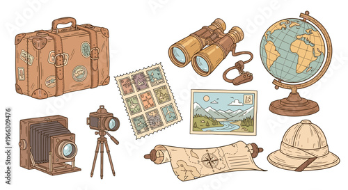 Vintage Travel Essentials Collection: Globe Binoculars Camera and Exploration Gear
