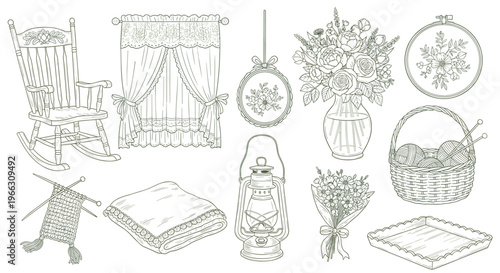 Nostalgic illustrations of household items and crafts for a cozy vintage aesthetic