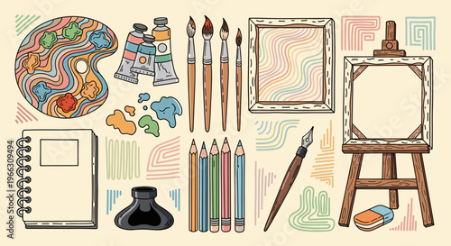 Artistic collection of drawing and painting tools creative hobby illustration