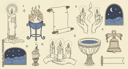 Collection of Vintage Magical and Alchemy-Inspired Doodle Objects and Symbols