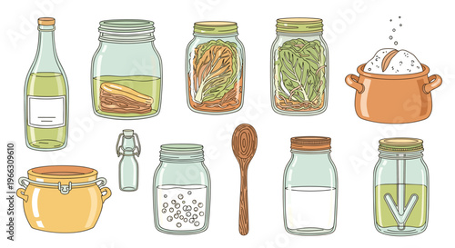 An organized collection of various fermenting jars and kitchen utensils on white a background