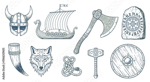 Collection of Historical Mythology Elements: Axe Ship Shield Helmet and Wolf