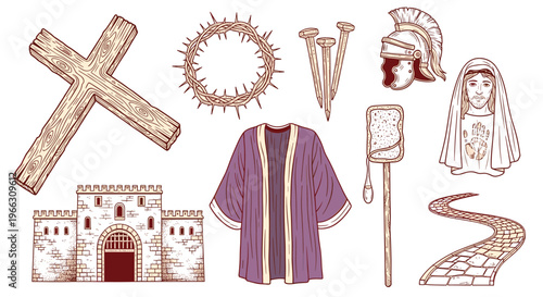 Passion Story Elements: Hand-Drawn Symbols of Sacrifice Faith and Redemption