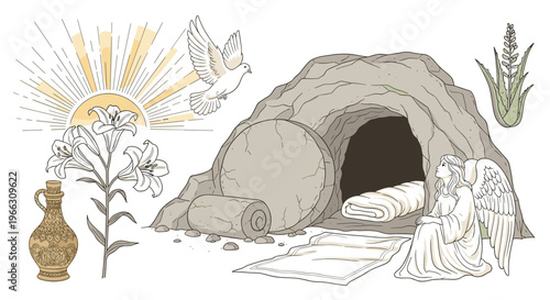 Illustration Depicting Spiritual Journey Dove Sun Lilies and Ancient Elements