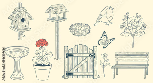 Charming Hand Drawn Nature Elements: Bird Butterfly Flowers Garden Objects